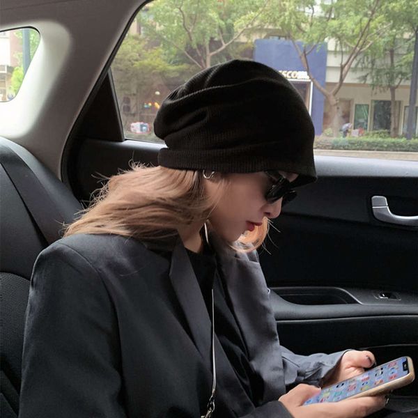 

versatile black baotou women's autumn and winter ear protection warm knitting korean pile cap scarf hat, Black;white