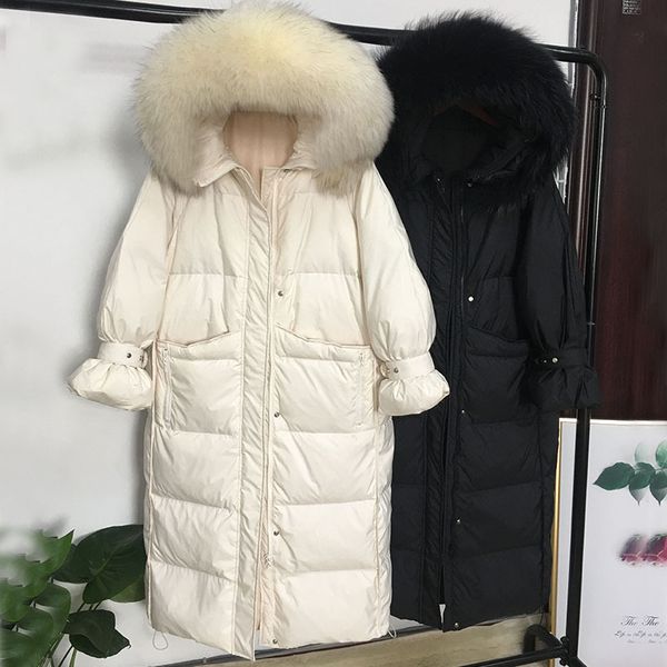 

new fashion hoodie women's design clothing down jacket new korean style over knee big hairy collar white slim hooded coat, Black