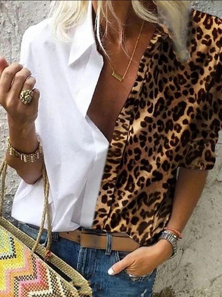 

turn-down collor women blouse 2020 fashion solid leopard patchwork button long sleeve shirts female office lady elegant1, White