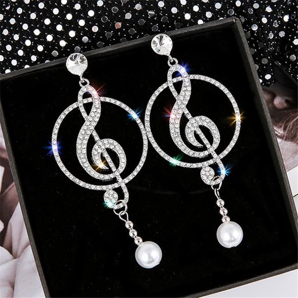 

fyuan music symbol rhinestone crystal drop earrings for women geometric pearl earrings fashion party statement jewelry, Silver
