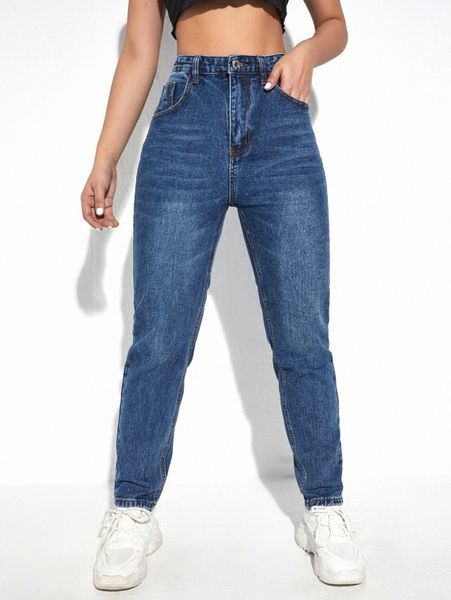 

high waist slant pocket jeans m9ks#, Blue