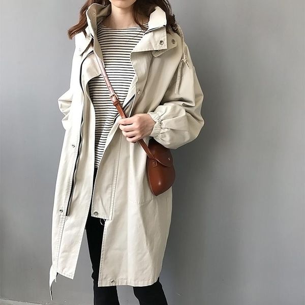 

oversized hooded trench coats female autumn outwear zipper long coat chic beige windbreaker pocket loose coat 2021 women clothes, Tan;black