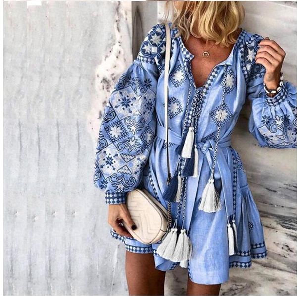 

summer autumn v-neck boho dress tassel hollow out mini dresses women 2021 new bohemian floral printed beach dress vestidos, Black;gray