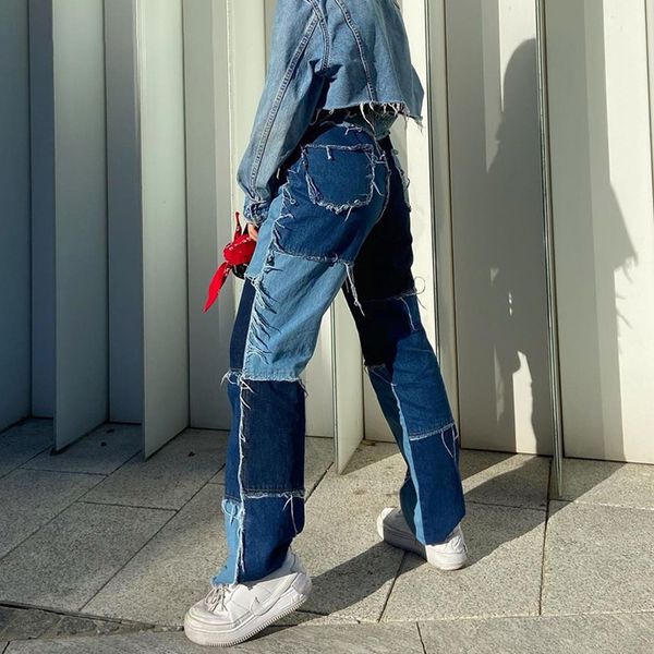 

high waisted casual pants women denim jeans long trouses ladies patchwork fashion capris pocket women streetwear style pants lj201130, Black;white