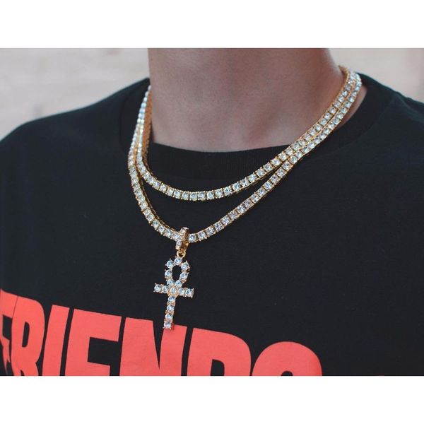 

hip hop iced out ankh cross pendant necklace 4mm tennis chain micro pave cz stones g wmtstw whole2019, Silver