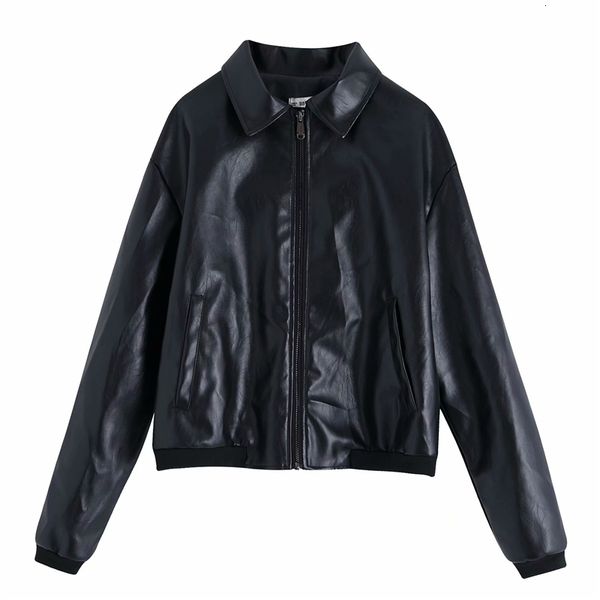 

2021 new elegantes casaco de couro falso outono moda senhoras com zper streetwear feminino moto bolso jaqueta chique meninas bi3g, Black