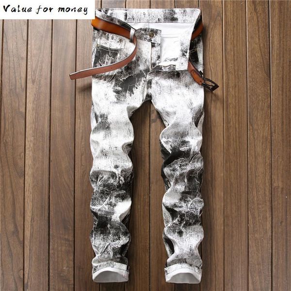 

men's painted fashion white print pants slim stretch denim jeans, Blue