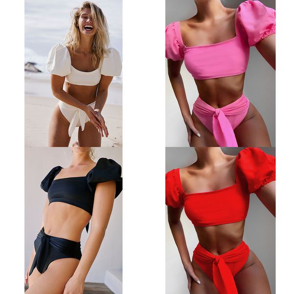 

high waist bikini 2020 buble ssleeve swimsuit belt swimwear women bikinis bow bikini set bathing suit beach wear y1120, White;black