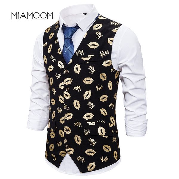 

miamoom mens sleeveless suit vest men's slim fashion lip stamping gold printed waistcoat, Black;white