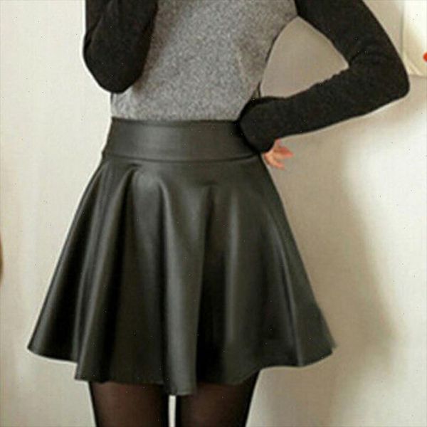 

womens skirts fashion women high waist pleated short mini faux leather skirt drop shipping good quality, Black