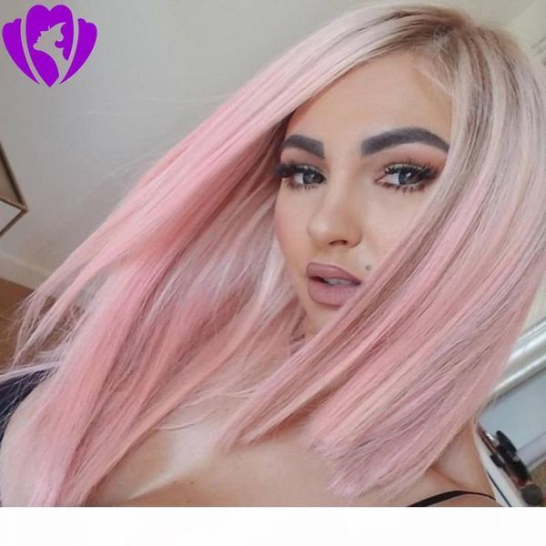 

ombre pink blonde grey short straight heat resistant synthetic lace front wig for black white women cosplay or party bob wigs
