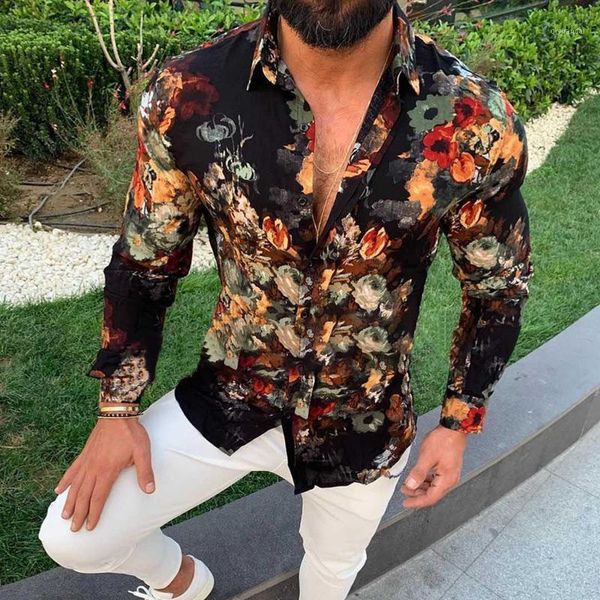 

men's casual lapel floral print shirt male fashion long sleeve casual slim fit large size, White;black