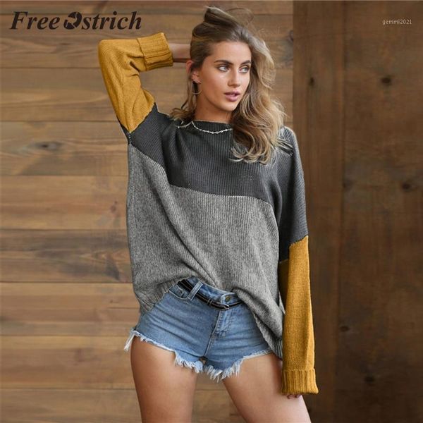 

women's sweaters ostrich fashion women casual color matching long-sleeved round neck lazy loose sweater personality knitted pullover sw, White;black