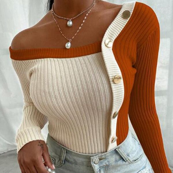 

patchwork knitted women's sweaters slim skew-collar button long sleeve female sweater 2020 autumn new fashion lady pullover1, White;black