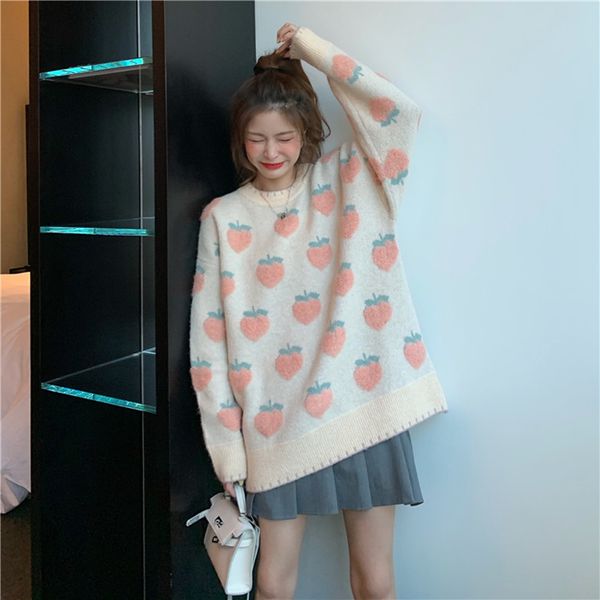 

2021 new sweet lolita winter... cartoon jersey... peach peach... snowflake... female loose, long sweater... suab, White;black