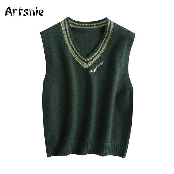 

artsnie letter embroidery sweet women sweater vest winter v neck sleeveless pull femme vintage casual sweaters jumper mujer, Black;white