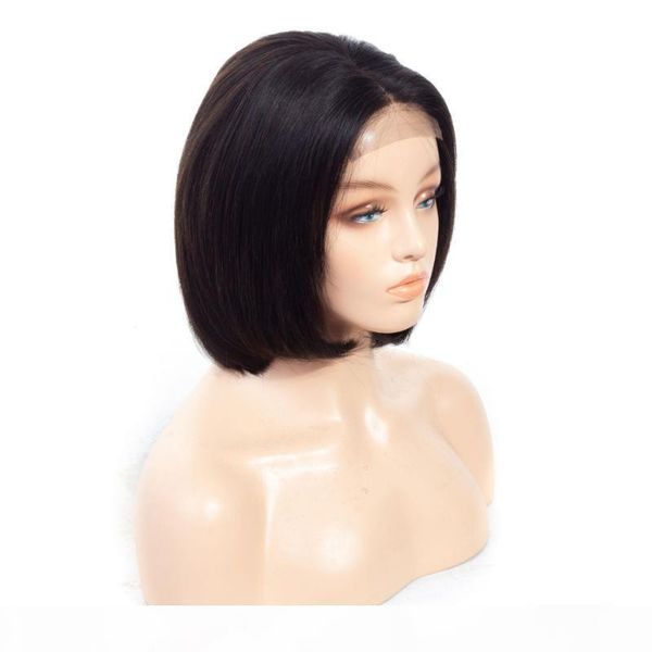 

short lace front human hair wigs brazilian virgin straight 4*4 lace pre plucked natural color 180 density bob wig for black women, Black;brown