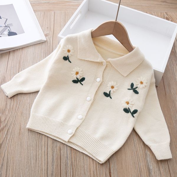 

girls sweater baby girls flower embroidery knitted long sleeve cardigan kids outwear wholesale, Blue
