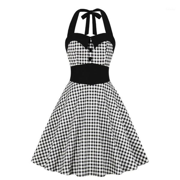 

1950s gingham halter party dress button womens clothing pin up robe backless retro plaid vintage women dress ropa mujer1, Black;gray