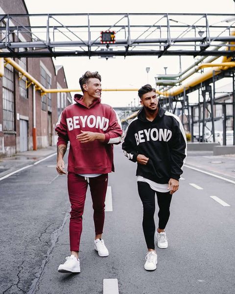 

muscle brother fitness sports suit autumn winter hooded pullover sweater casual small leg pants trendy men's loose, Gray