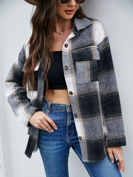 

plaid print pocket detail button front overcoat l0br#, Black