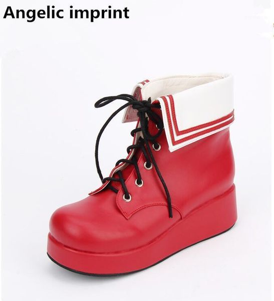 

angelic imprint mori girl women punk boots lady lolita short boots woman mid wedges heels pumps navy style shoes lace up 33-471, Black