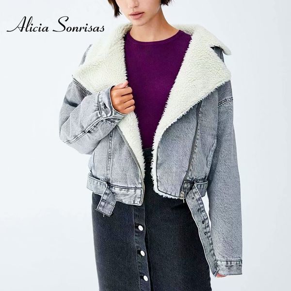 

winter denim jacket women lambskin turn-down collar jeans coat women's sashes long sleeve motorcycle coat short biker jacket 201106, Black;brown