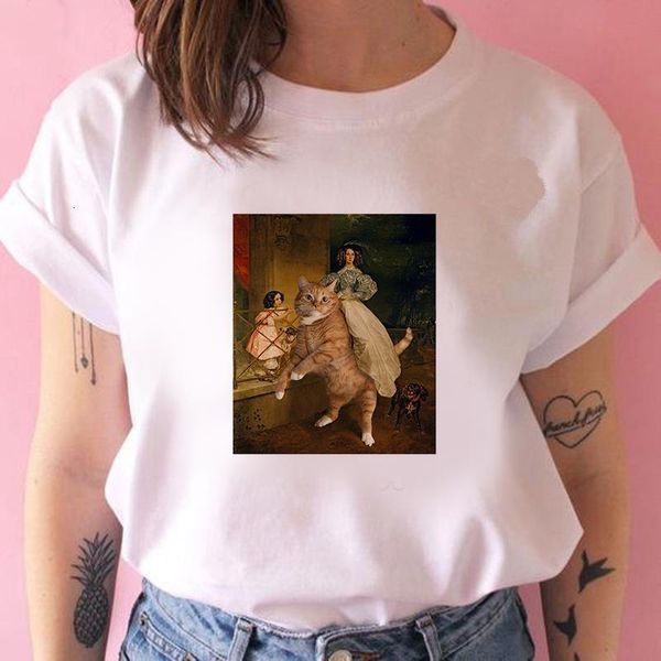 

cute painting cat graphic t shirt women ullzang cute aesthetic pink t-shirt 90s funny cartoon t shirt cats meow tee female, White