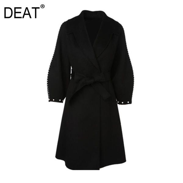 

women's wool & blends [deat] 2021 winter fashion tide lantern sleeve loose v-neck beading solid color cashmere coat women 13u94, Black