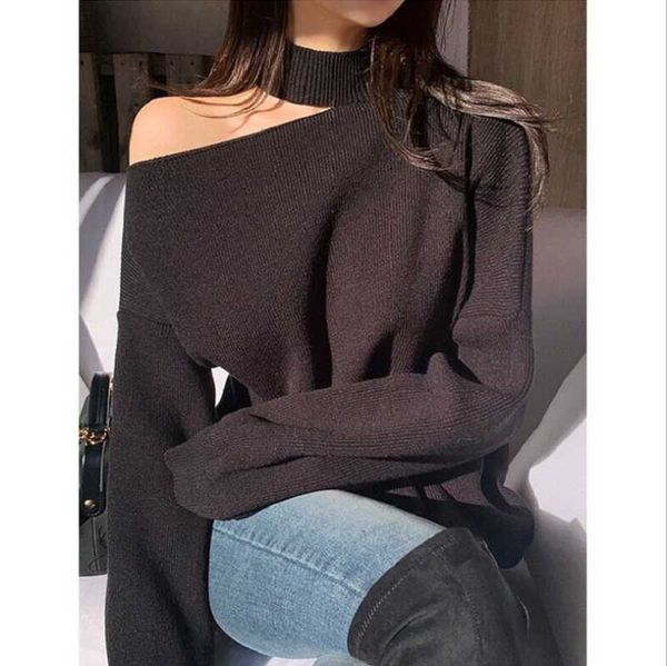 

women's sweaters the autumn south korean version hangs neck to expose shoulder sweater go together with languid wind loose-fit, White;black