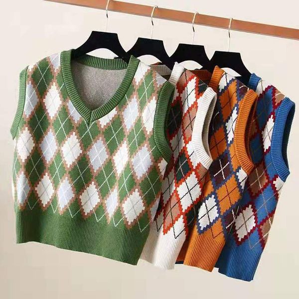 

preppy style knit vest women short knitted sweater coat sleeveless plaid waistcoat autumn crop outwear chalecos para mujer, Black;white