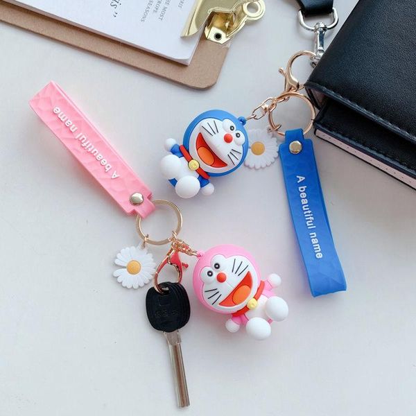 

cute doraemon keychain car accessories for girls bag charm purses keychain ring kawaii cartoon figure keyrings kids doll gift, Silver