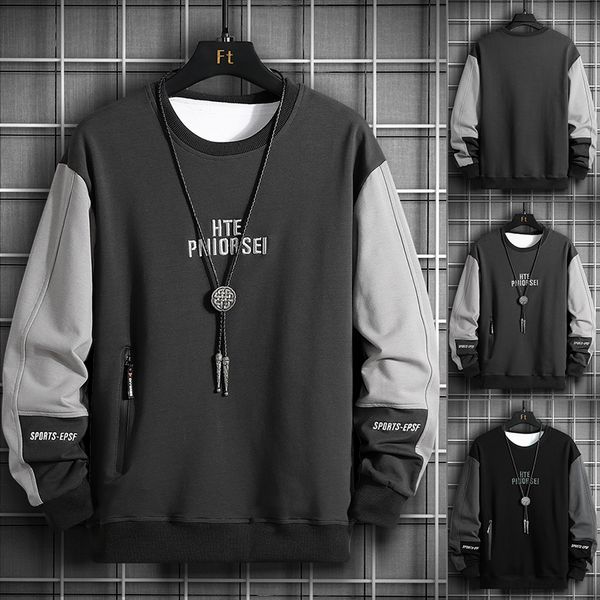 

2021 new trend men hoodies casual solid splice pullover o-neck slim fit men's sportswear sweatshirt print male hoody tracksuit, Black