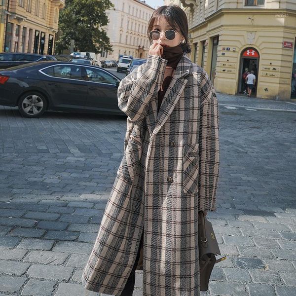 

coat women's mid-length 2020 new late autumn and winter all-match woolen retro plaid forest thick woolen coat1, Black