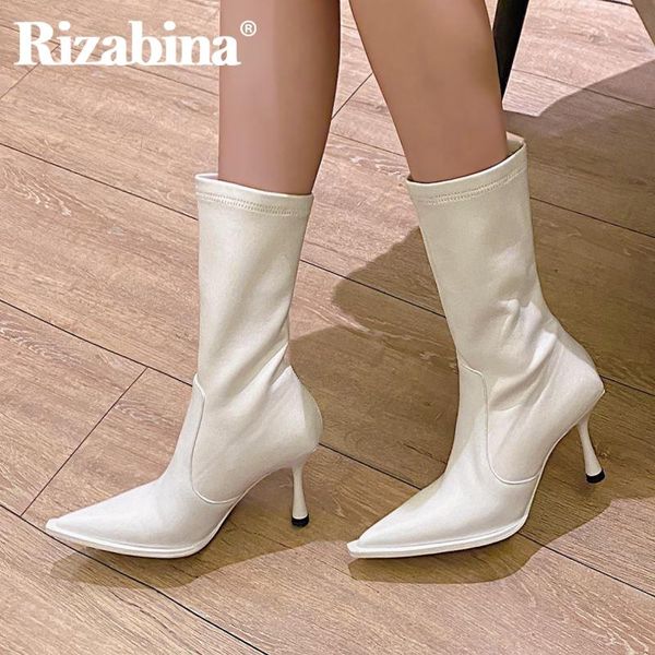 

boots rizabina real leather half short pointed toe thin high heel slip on shoes outdoor street ladies footwear size 33-40, Black
