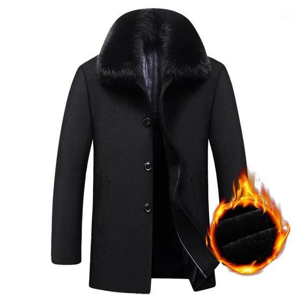 

long coat winter woolen men fleece thick detachable large fur collar wool coat autumn windbreaker casual jacket mens clothing1, Black