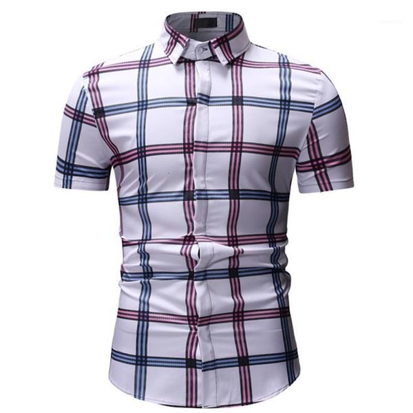 

2019 zomer mode nieuwe mannen casual turn down kraag hals korte mouw/man plaid shirt1, White;black