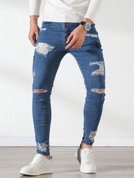 

men letter embroidery ripped skinny jeans k50v#, Blue