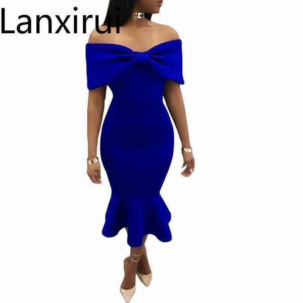 

blue/red/black front bow details off shoulder slash neck ruffles bodycon dress elegant ladies party wear fish tail midi dresses1, White;black