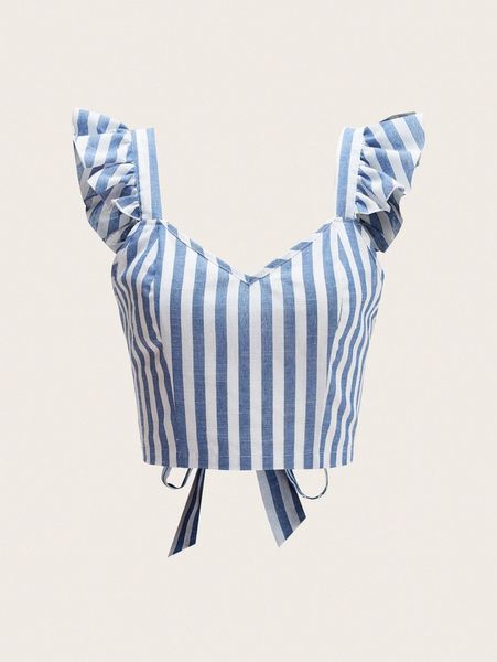 

ruffle trim tied backless striped d19q#, White