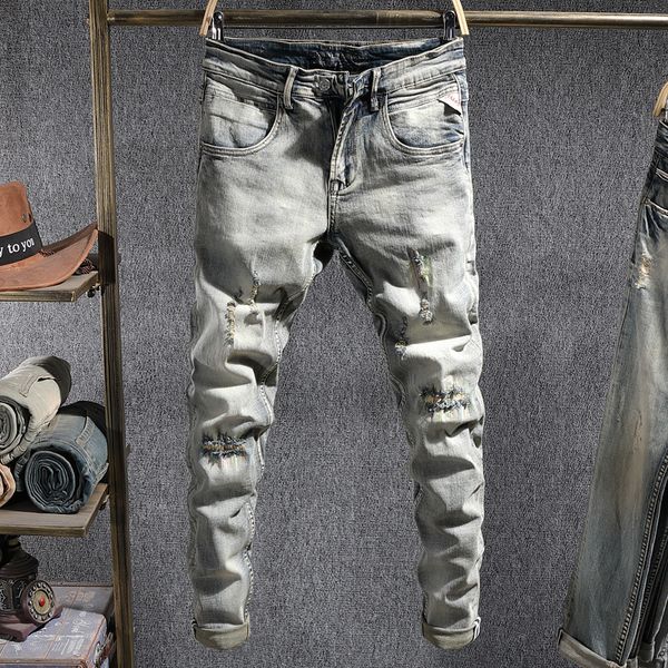 

2021 new italian style fashion men jeans slim fit elastic ripped denim pencil pants retro vintage designer long trousers cpud, Blue
