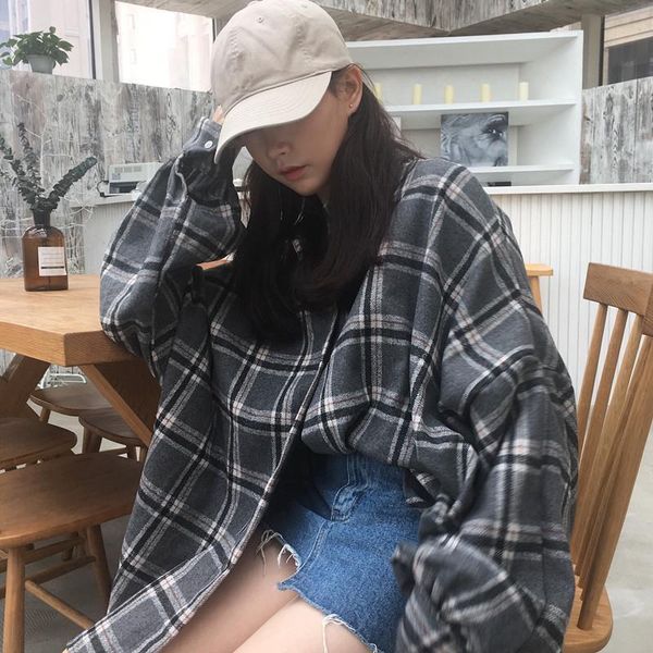 

flannel oversized shirt long sleeve collared boyfriend plaid blouse fall winter women's blouses & shirts, White