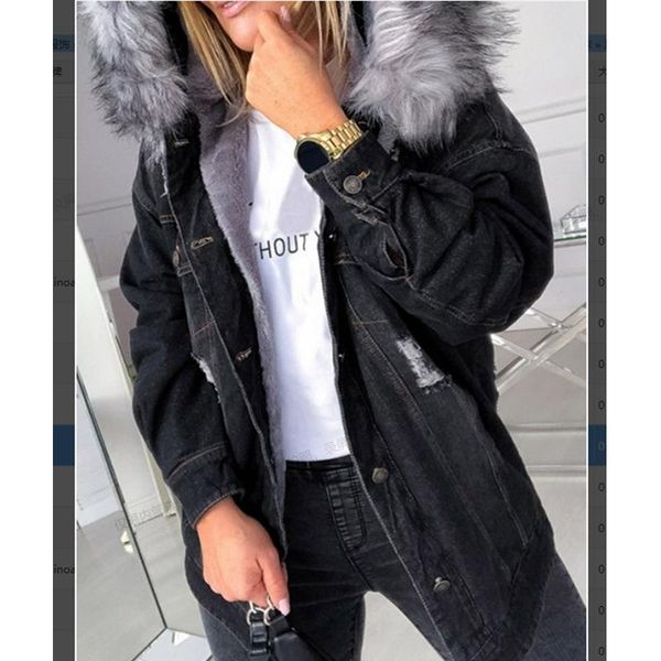 

lugentolo jeans jacket women winter warm flocking plus size solid hole fur hooded woman jackets, Black;brown