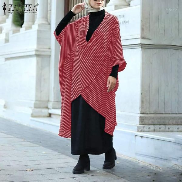 

zanzea fashion blouse women v neck 3/4 sleeve striped irregular hem tunic casual blusas muslim abaya hijab shirt mujer1, White