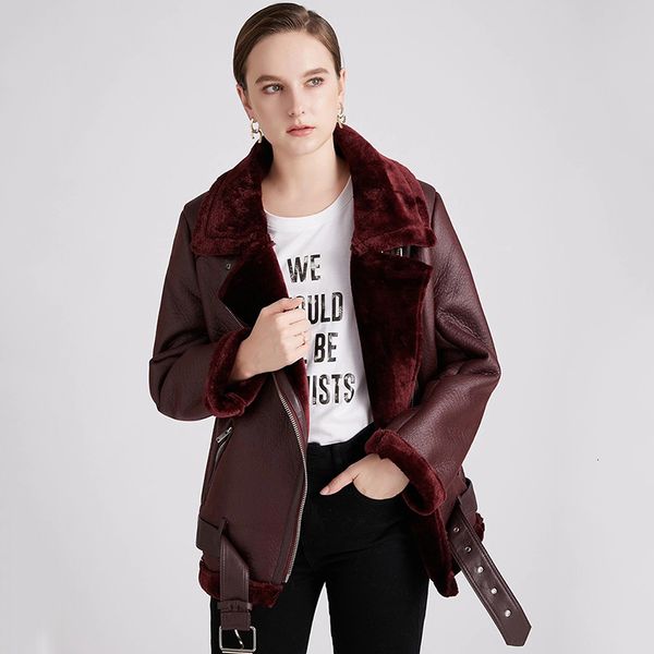 

2021 new feminine winter lambs wool fur collar with thick outerwear leather jacket outwear jdq3, Black