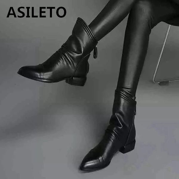 

asileto women ankle boots pointed toe square heels faux leather chunky pleated zip stylish big size 35-43 winter black s2108