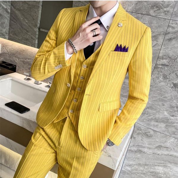 

plyesxale pink yellow striped men suits for wedding 2020 slim fit three piece costume homme mariage casual prom party suit q7681, White;black