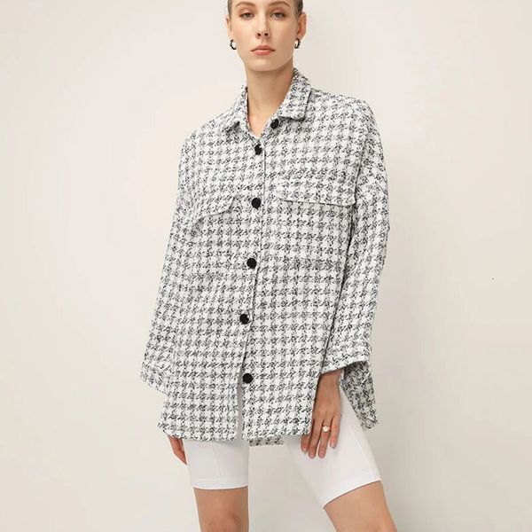 

2021 new women autumn winter plaid jacket streetwear single-breasted long sleeve wool coat pocket oversized lapel shirts vl5t, Black;brown