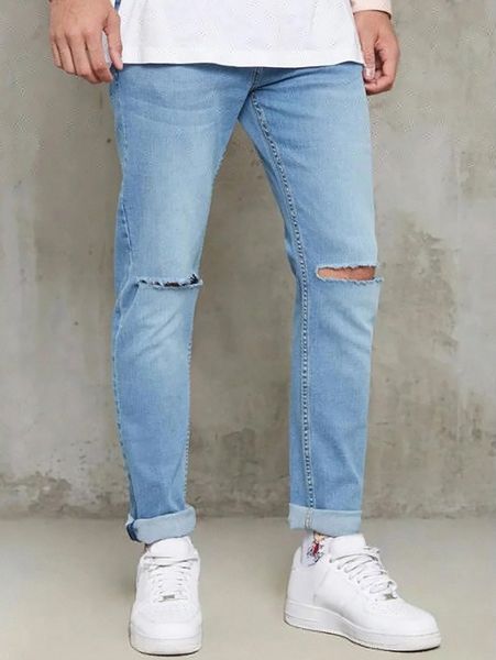 

men ripped bleach wash jeans w9ca#, Blue