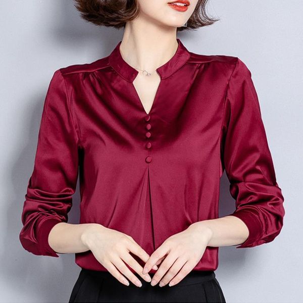 

fashion autumn women silk shirts elegant women satin blouse shirt woman v neck ol shirt plus size womens and blouses blouse, White